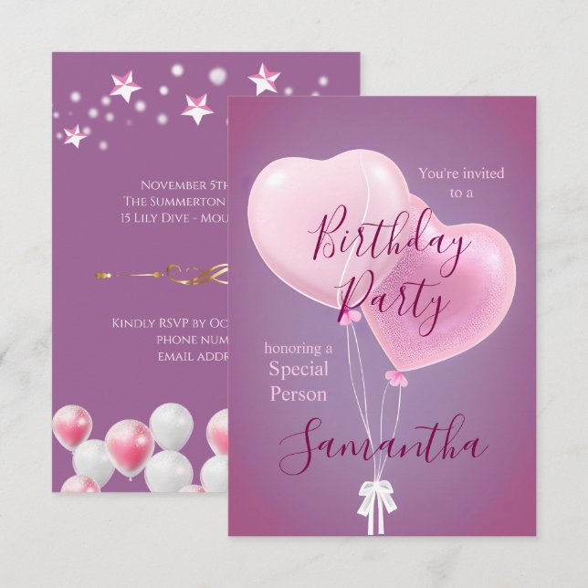 Pink Balloons Special Person Birthday Party Invitation (Front/Back)
