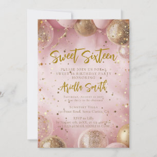 Pink balloons sweet 16 gold confetti invitation