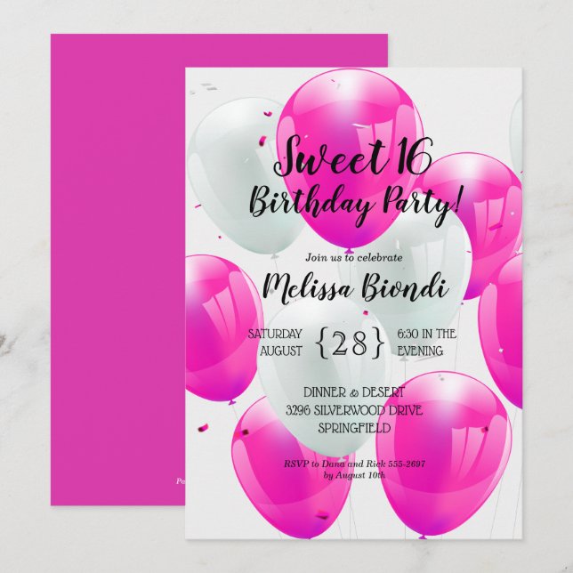 Pink Balloons Sweet 16th Birthday Party Invitation (Front/Back)