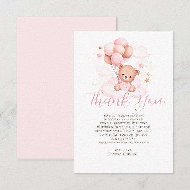 Pink Balloons Teddy Bear Baby Shower  Thank You Card (Front/Back)