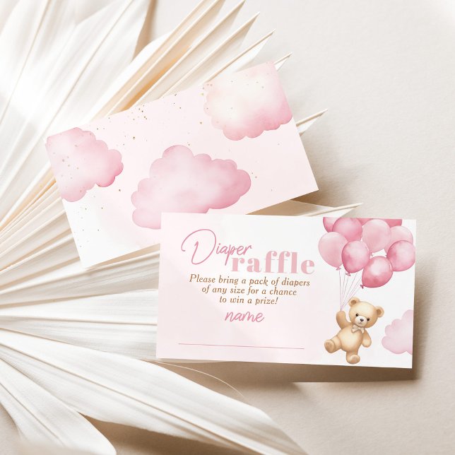 Pink balloons teddy bear diaper raffle ticket enclosure card (Creator Uploaded)