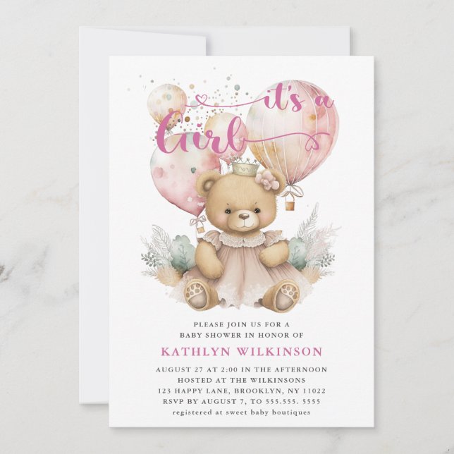Pink Balloons Teddy Bear Floral Girl Baby Shower Invitation (Front)