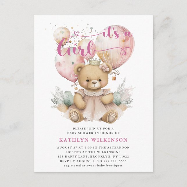 Pink Balloons Teddy Bear Floral Girl Baby Shower Invitation Postcard (Front)