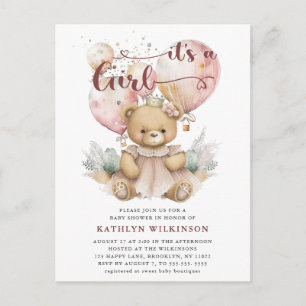 Pink Balloons Teddy Bear Floral Girl Baby Shower Invitation Postcard