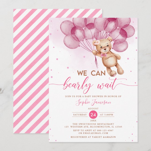 Pink Balloons Teddy Bear Girl Baby Shower Invitation (Front/Back)
