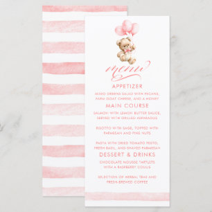 Pink Balloons Teddy Bear Girl Baby Shower Menu