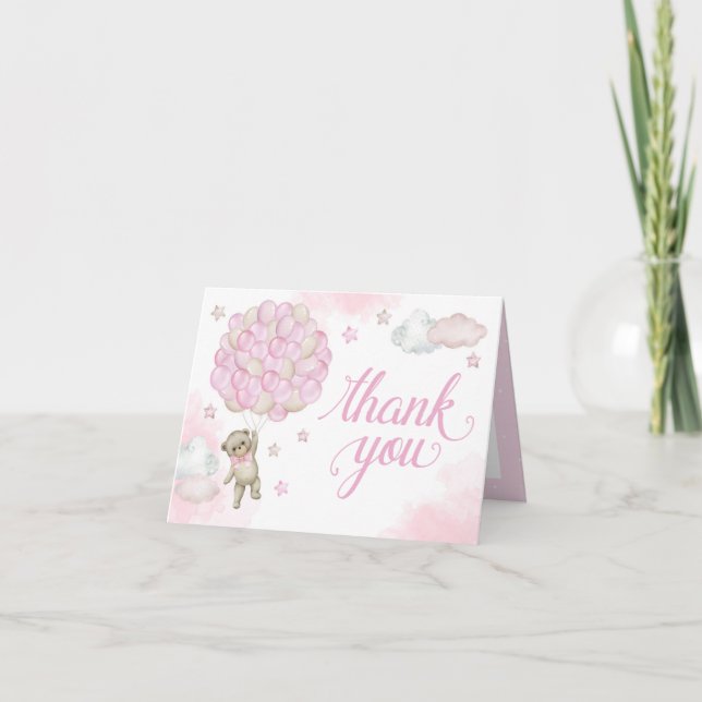 Pink Balloons Teddy Bear Thank You Card (Front)