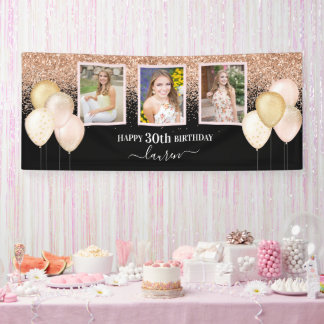 Pink Balloons Three Photos 30th Black Birthday Banner