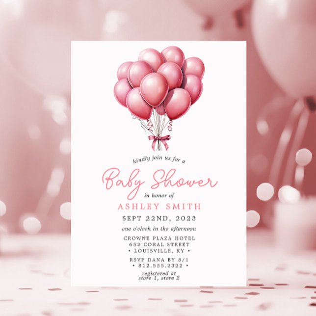 Pink Balloons Watercolor Girl Baby Shower Invitation (Creator Uploaded)