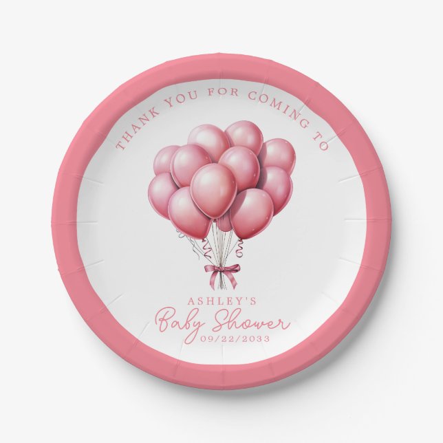Pink Balloons Watercolor Girl Baby Shower Paper Plate (Front)