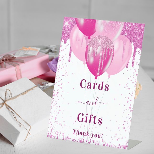 Pink balloons white guest party cards gifts pedestal sign (Creator Uploaded)
