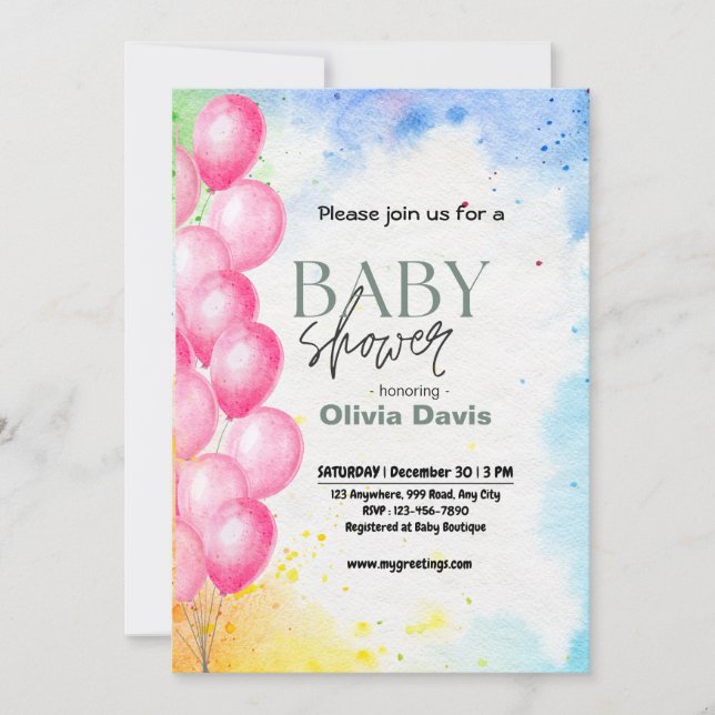 Pink Baloon Baby Shower Invitation (Front)