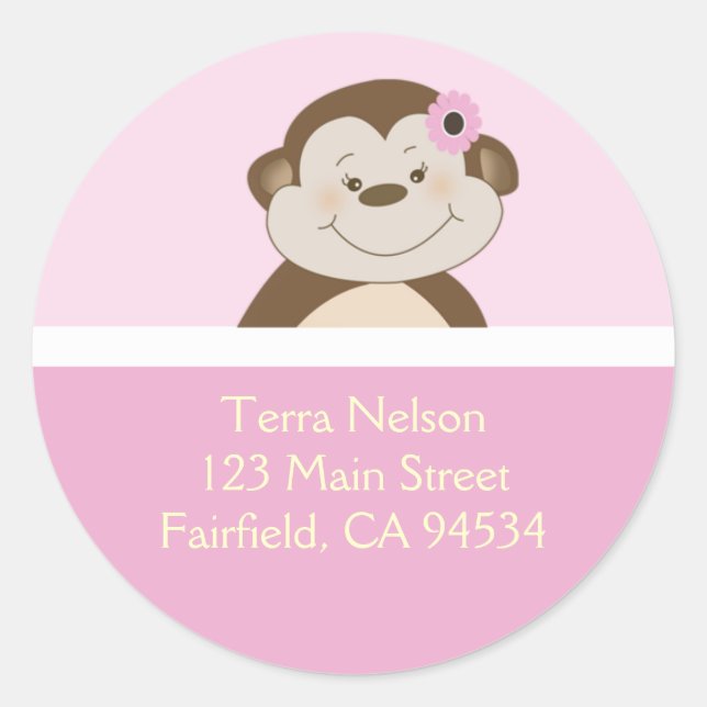 Pink Bambino Girl Monkey Return Address Stickers (Front)