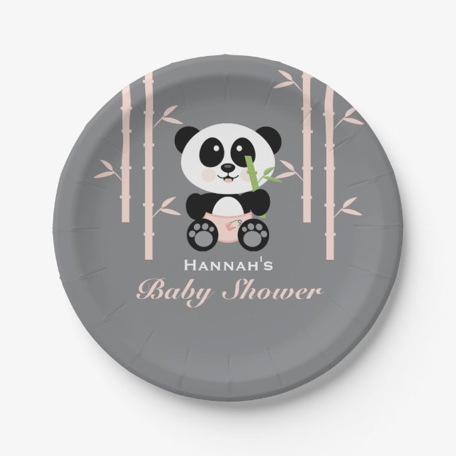 Pink Bamboo Panda Baby Shower Paper Plate (Front)