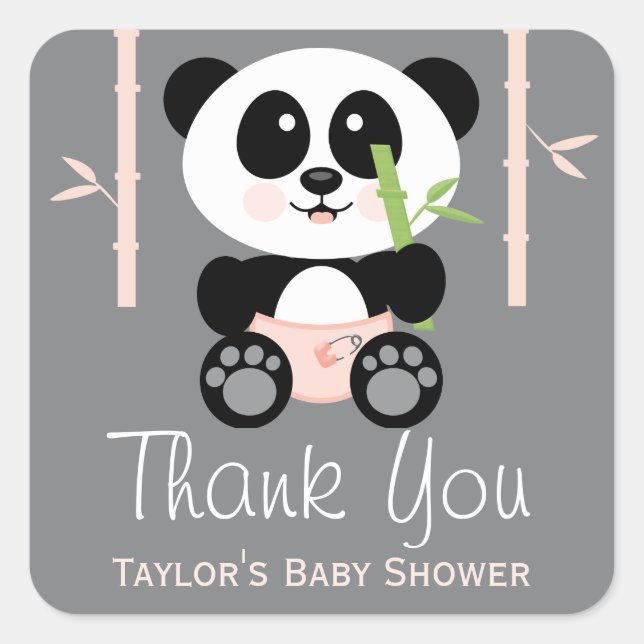 PInk Bamboo Panda Baby Shower Thank You Stickers (Front)