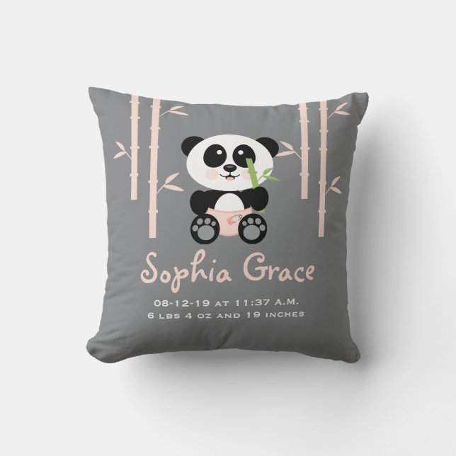 Pink Bamboo Panda Birth Announcement PIllow (Front)
