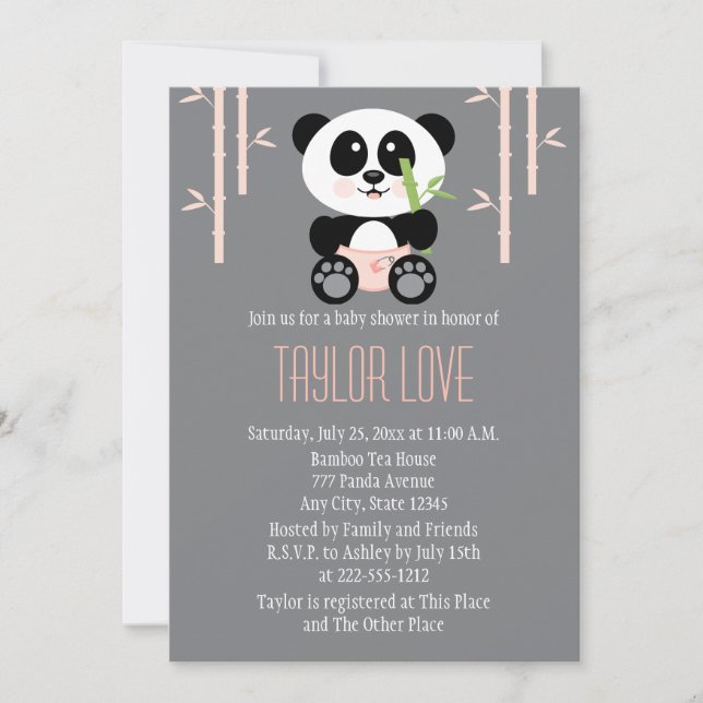 Pink Bamboo Panda in Diapers Baby Shower Invitation (Front)