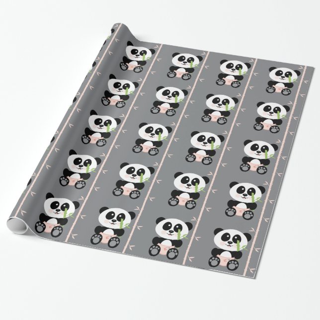 Pink Bamboo Panda in Diapers Wrapping Paper (Unrolled)