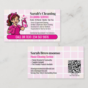 Pink Bandanna Detail Cleaning QR Cartoon Maid Business Card