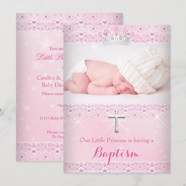 Pink Baptism Baby Photo of Girl Tiara Invitation (Front/Back)