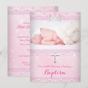 Pink Baptism Baby Photo of Girl Tiara Invitation