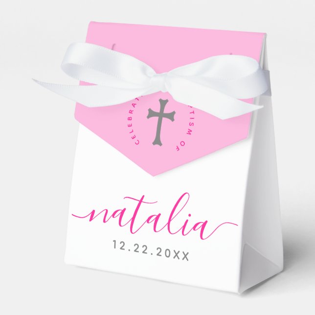 Pink Baptism Christening Naming Cross Favour Box (Front Side)