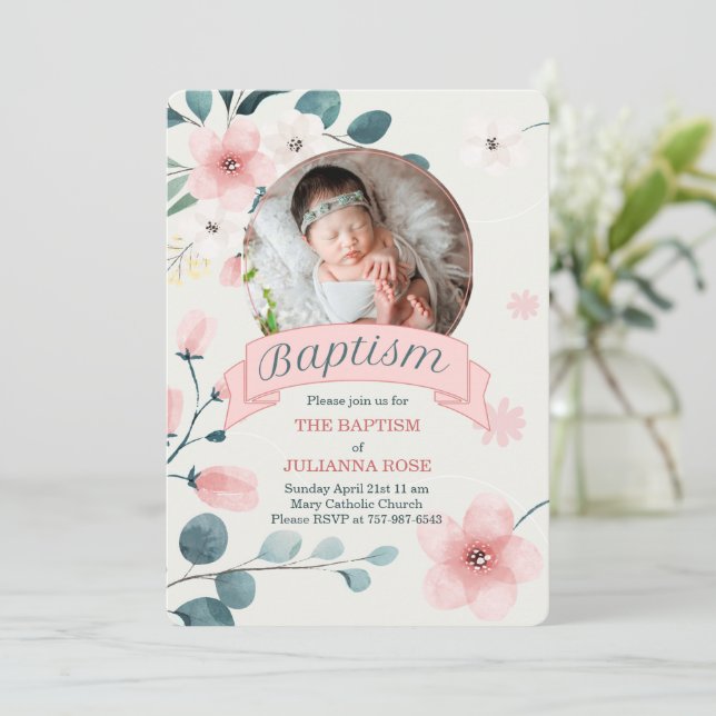 Pink Baptism for Baby Girl Peach Blossoms Invitation (Standing Front)