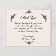 Pink Baptism For baby Girl Thank You Card
