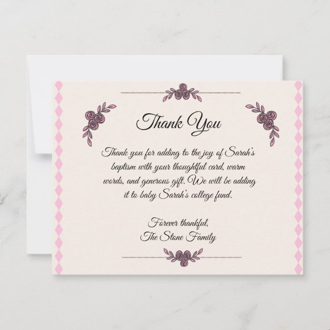 Pink Baptism For baby Girl Thank You Card (Front)