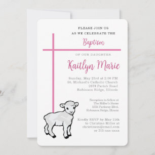 Pink Baptism for Daughter Cross Little Lamb Invitation