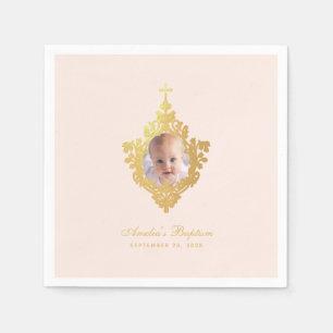 Pink Baptism Girl Photo Faux Gold Cross Vintage Napkin