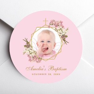 Pink Baptism Girl Photo Gold Cross Orchids Floral  Classic Round Sticker