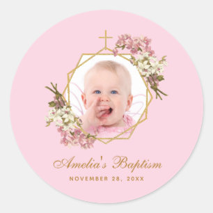 Pink Baptism Girl Photo Gold Cross Orchids Floral Classic Round Sticker