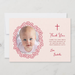 Pink Baptism Girl Photo & Red Floral Wreath Script Thank You Card
