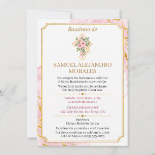 Pink Baptism Invitation Floral Cross Gold