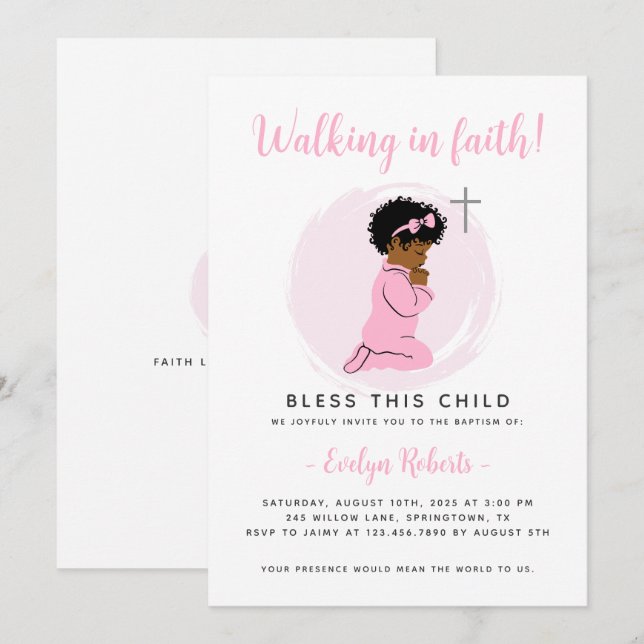 Pink Baptism Invitation – Praying Black Baby Girl (Front/Back)