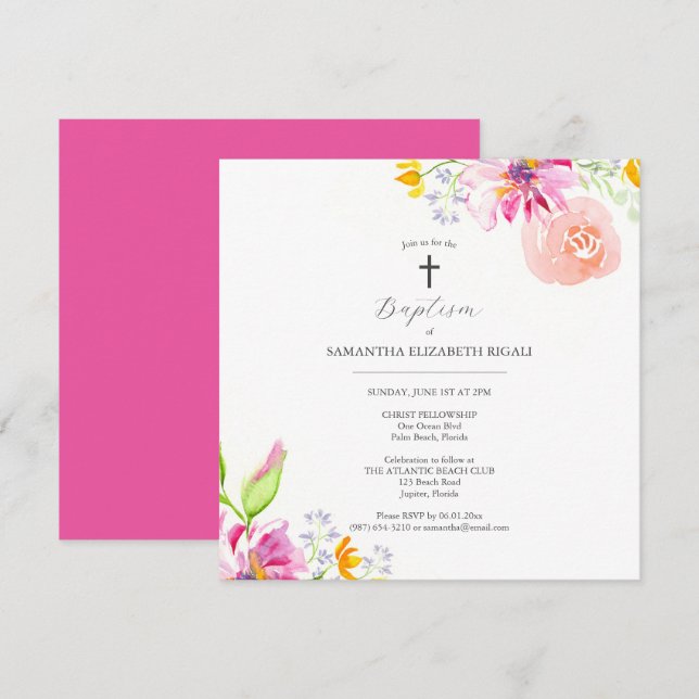 Pink Baptism Invitations for Girl Flowers (Front/Back)