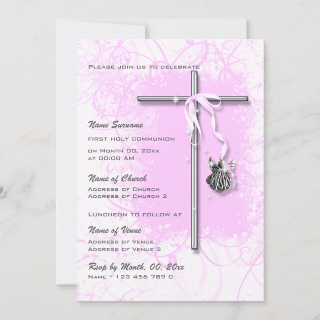 Pink baptism religious communion confirmation invitation (Front)