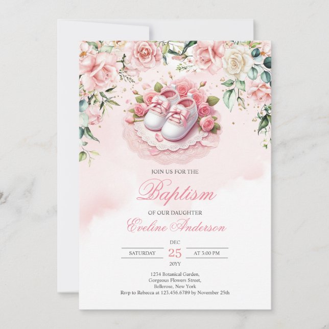 Pink Baptism shoes girl baby slippers blush roses Invitation (Front)