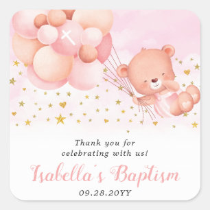 Pink Baptism Teddy Bear Thank You Baptism Favours Square Sticker