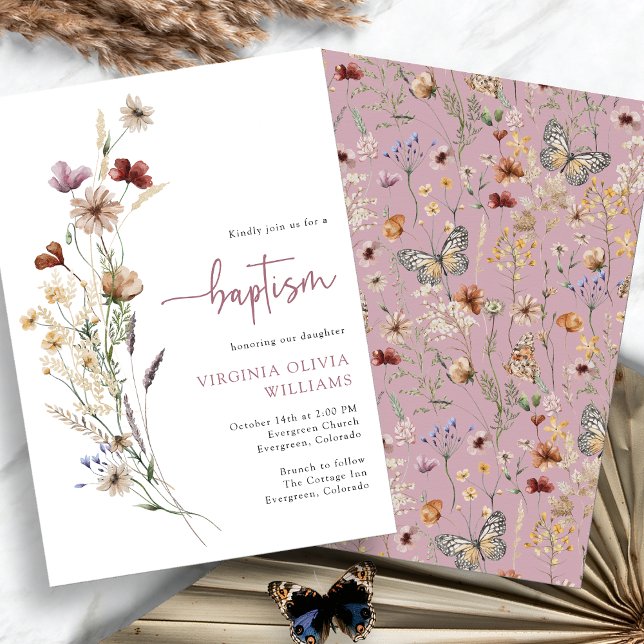 Pink Baptism Wildflowers Invitation (Dusty Pink Baptism Wildflowers Invitation by Painted Paperie)