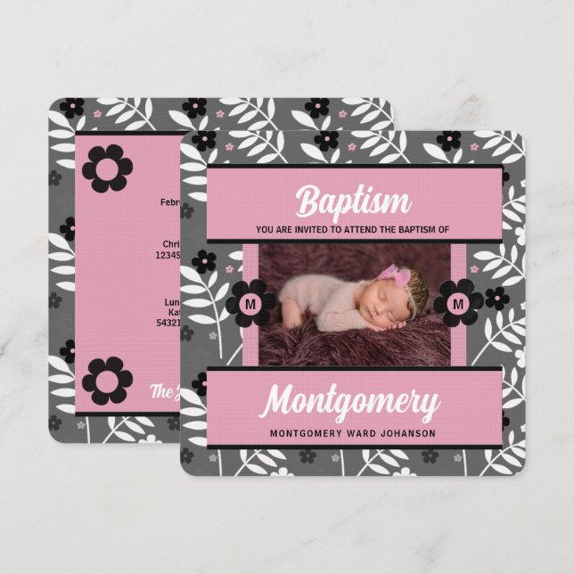 Pink Baptism with Baby Girl's Monogrammed Photo Invitation (Front/Back)