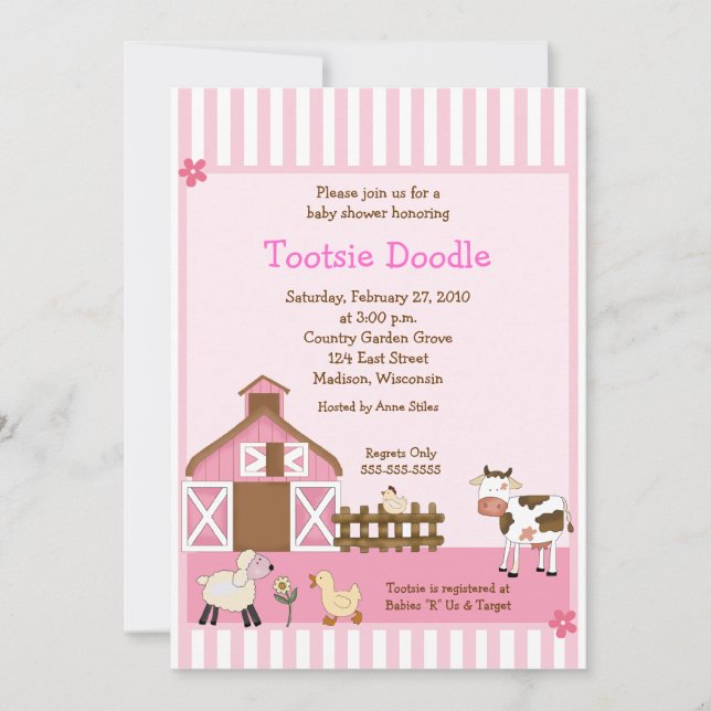 Pink Barn Animal Farm yard Baby Shower Invites (Front)