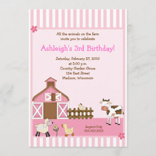 Pink Barn Animal Farm yard Birthday Invitations