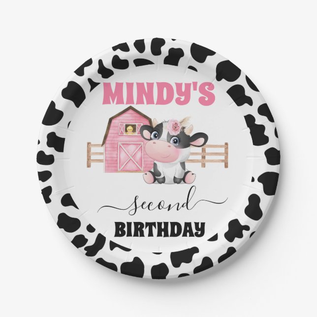 Pink Barn Cow Print 2nd Birthday Paper Plate (Front)