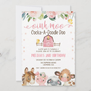 Pink Barn Farm Animal Girl Birthday Invitation