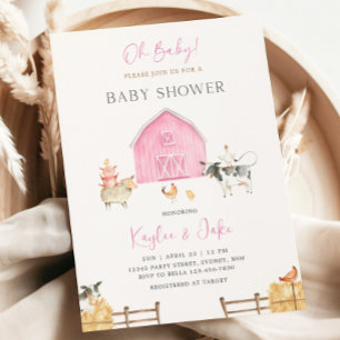 Pink Barn Farm Animals Oh Baby Girl Baby Shower Invitation