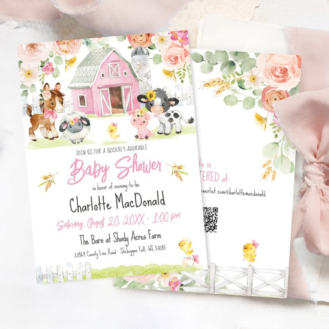 Pink Barn Farm Barnyard Animals Floral Baby Shower Invitation (Udderly adorable watercolor floral pink barn farm animals cow chick sunflower bows baby girl shower)