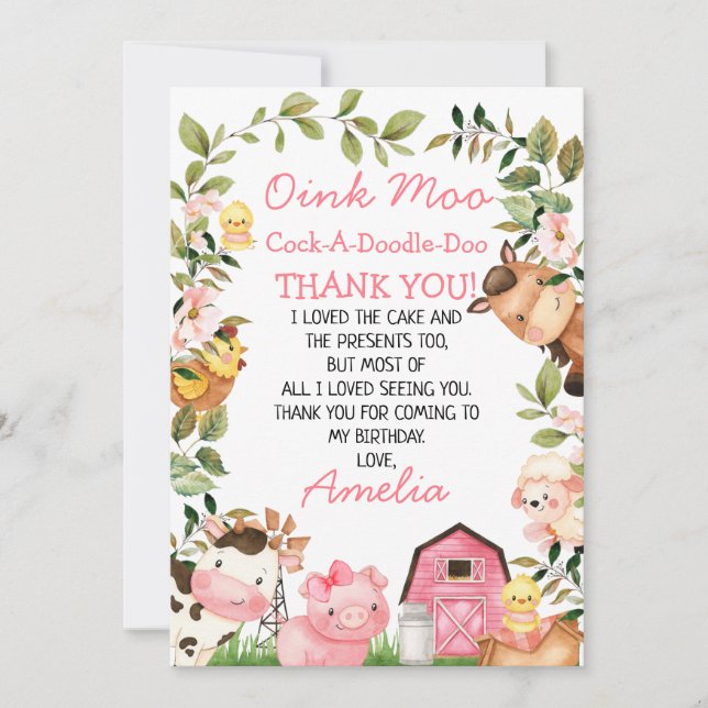 Pink Barn Farm Foliage Birthday Thank You Card (Front)