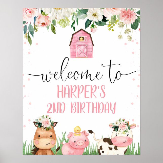 Pink Barn Floral Farm Animals Birthday Welcome  Po Poster (Front)